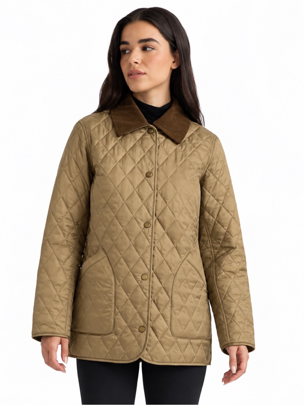 🆕 Hunter Rachel Diamond Quilted Jacket Tan Corduroy Collar Size L